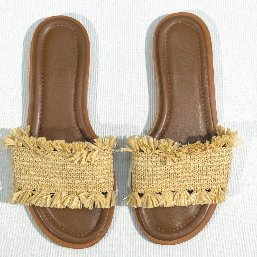 J.Crew Sorrento Raffia Fringe Slide Sandals Tan Brown Leather Size 8‎